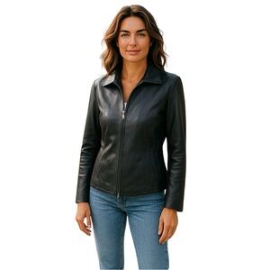 Vera Pelle Italian Leather Coat Womens Size M Black Smooth 70's Retro Matrix